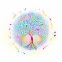 A colorful tree of life in th shape of a heart with musical notes as leaves and 3 birds flying away tattoo design idea