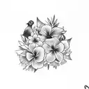 remembrance tattoo including hawaiian flowers, a name, and doves tattoo design idea