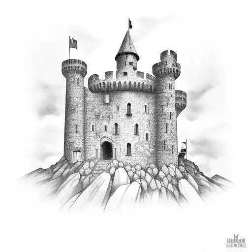 A medieval castle with a hidden underground mine entrance tattoo design idea