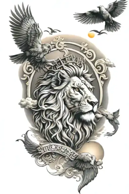 ocean beach sunrise lion temple god flying birds  tattoo design idea