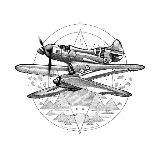 p47 thunderbolt plane with clouds and mountain tattoo design idea