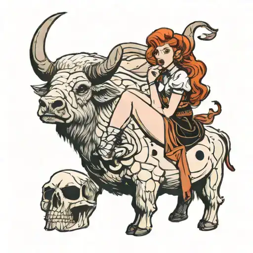redhead pin up girl sitting on bison skull tattoo design idea