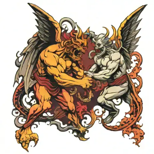 angels and demons fighting in hell tattoo design idea