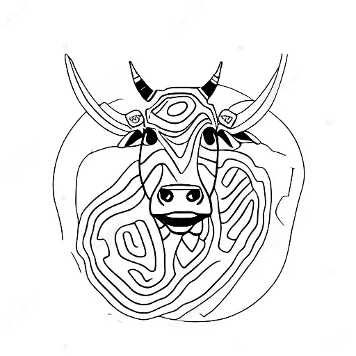 Imagine a minimalist cow wearing a uniform, standing on its hind legs to create a humanoid appearance. The cow holds a c tattoo design idea