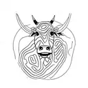 Imagine a minimalist cow wearing a uniform, standing on its hind legs to create a humanoid appearance. The cow holds a c tattoo design idea