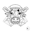 Imagine a minimalist cow wearing a uniform, standing on its hind legs to create a humanoid appearance. The cow holds a c tattoo design idea