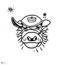 Imagine a minimalist cow wearing a uniform, standing on its hind legs to create a humanoid appearance. The cow holds a c tattoo design idea