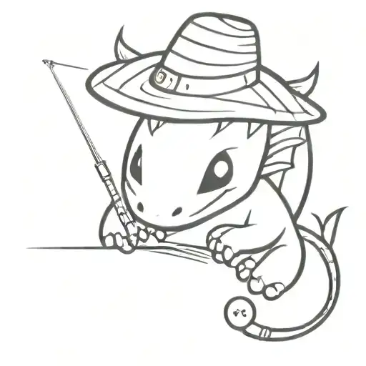 a cute dragon wearing a straw hat, holds in its paws a dice 20 tattoo design idea