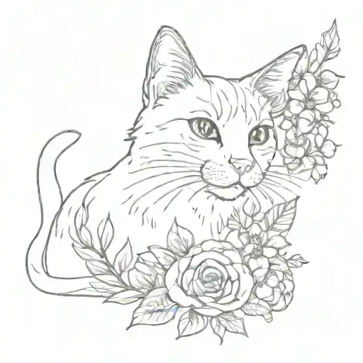 flowers and cat with freckles tattoo design idea