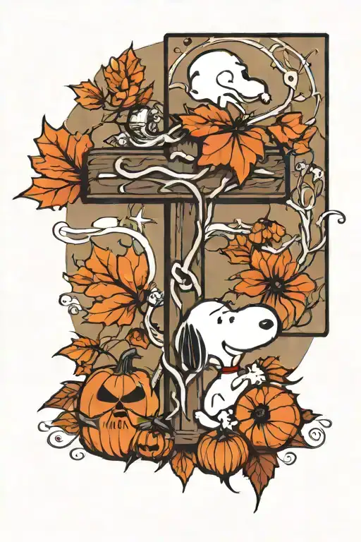 the cross, Snoopy, a cardinal, and a pumpkin. tattoo design idea