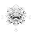 A lotus flower , with snake going around it , with masked faces as a background tattoo design idea