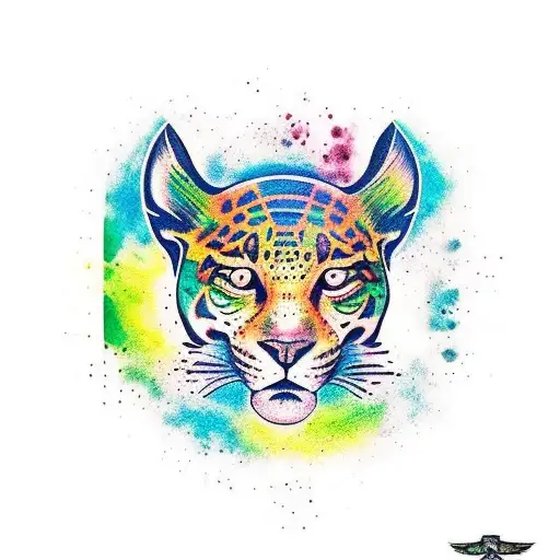 jaguar con caleidoscopio de fondo y colores en acuarela representando Ayahuasca  tattoo design idea
