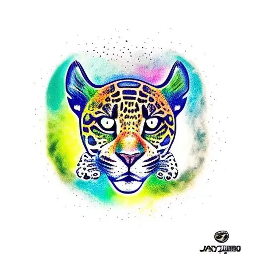 jaguar con caleidoscopio de fondo y colores en acuarela representando Ayahuasca  tattoo design idea