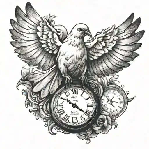 Dove flying with a pocket watch alongside, shading background filler tattoo design idea