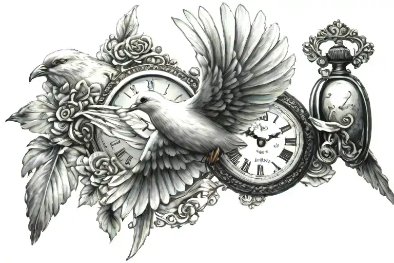 Dove flying with a pocket watch alongside, shading background filler tattoo design idea