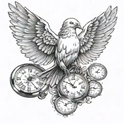 Dove flying with a pocket watch underneath, shading background filler tattoo design idea