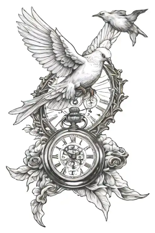 Dove flying with a pocket watch alongside, shading background filler tattoo design idea