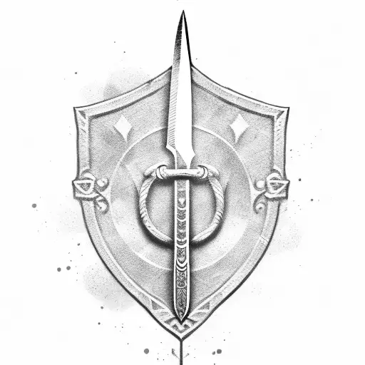 Sword, staff, bow infront of shield tattoo design idea