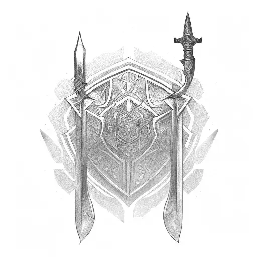 Shield, sword, staff, bow tattoo design idea