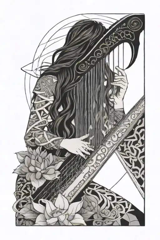 black and white woman holding a celtic harp with lotus flowers in the background, long hair, black and white, geometric tattoo design idea
