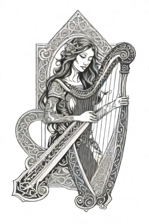 black and white woman with blue eyes holding a celtic harp with lotus flowers in the background, long hair, geometric tattoo design idea