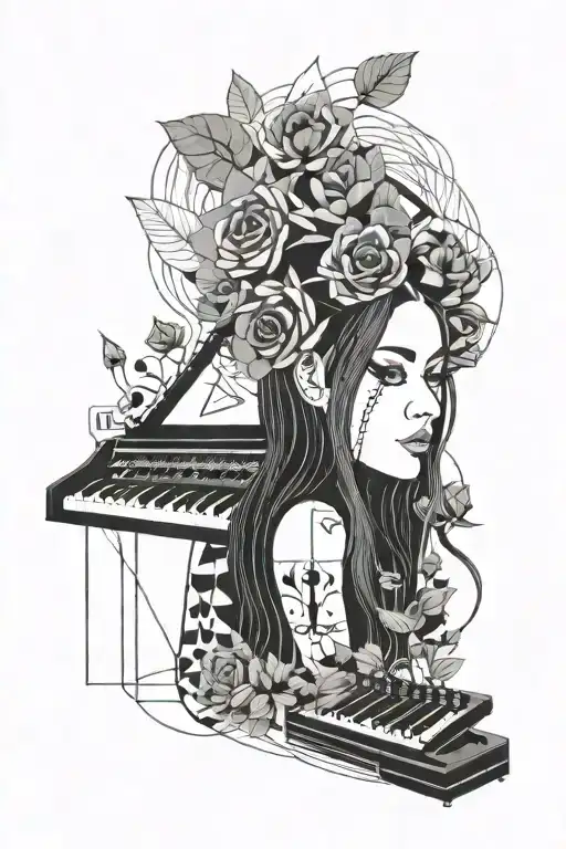 black and white woman playing a synth with lotus flowers and black roses, long hair, geometric, Picasso style tattoo design idea
