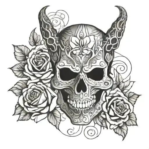 vejigante devil mask or mexican skull surrounded by roses  tattoo design idea