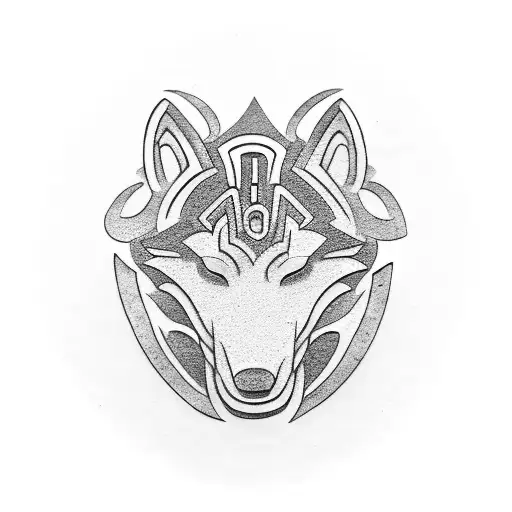 Maori-inspired stonemason carving a wolf into a stone monument, showcasing the fusion of passions tattoo design idea