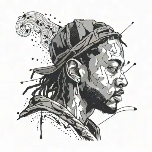 Design a dotwork portrait of Kendrick Lamar with musical notes intertwining around him tattoo design idea