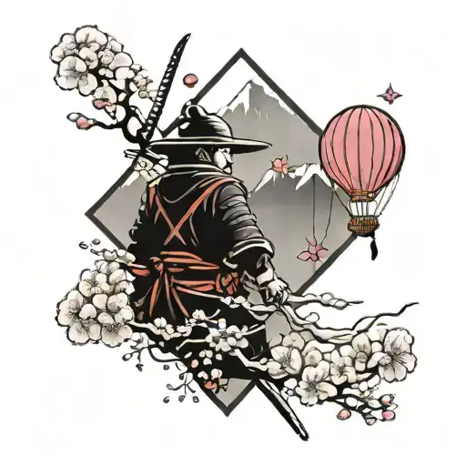 Samurai Warrior, Cherry blossom trees, Cherry blossom flowers falling, Mountain,  Clouds, Balloon tattoo design idea