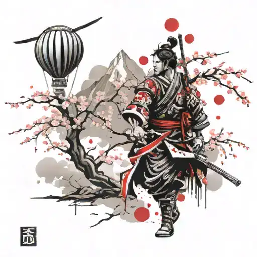 Samurai Warrior, Cherry blossom trees, Cherry blossom flowers falling, Mountain,  Clouds, Balloon tattoo design idea