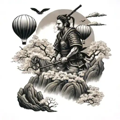 Samurai Warrior, Cherry blossom trees, Cherry blossom flowers fallingn, Mountain,  Clouds, Balloon tattoo design idea