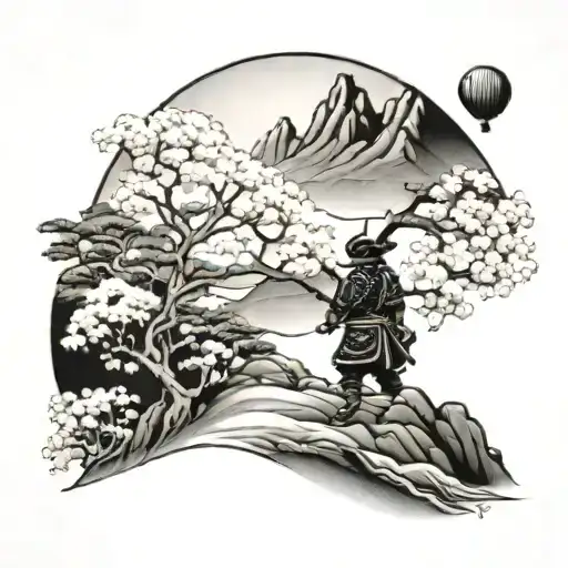 Samurai Warrior, Cherry blossom trees, Cherry blossom flowers fallingn, Mountain,  Clouds, Balloon tattoo design idea