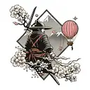 Samurai Warrior, Cherry blossom trees, Cherry blossom flowers falling, Mountain,  Clouds, Balloon tattoo design idea