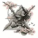 Samurai Warrior, Cherry blossom trees, Cherry blossom flowers falling, Mountain,  Clouds, Balloon tattoo design idea
