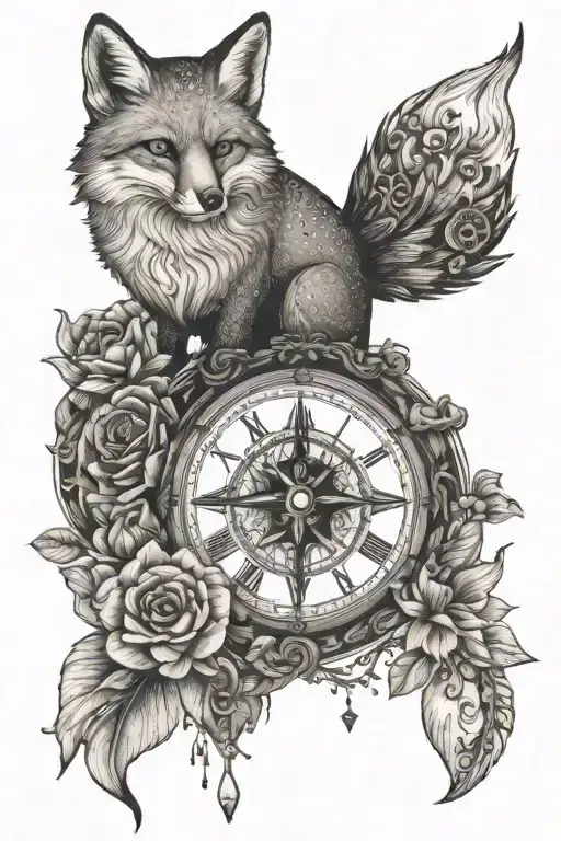 fox, clock, compass, flowers tattoo design idea