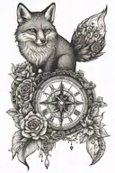 fox, clock, compass, flowers tattoo design idea