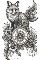 fox, clock, compass, flowers tattoo design idea