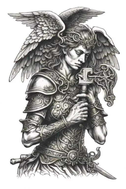 An angelic warrior holding the key to eternal life tattoo design idea