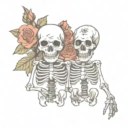 two skeletons, retro, cassette tape, roses   tattoo design idea