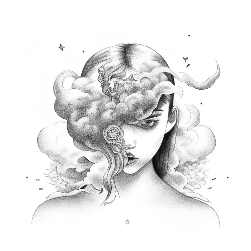 girl smoke weed on clouds tattoo design idea
