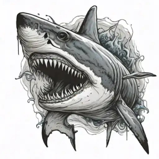 A realistic portrait of a shark swimming in a horror-themed underwater scene tattoo design idea