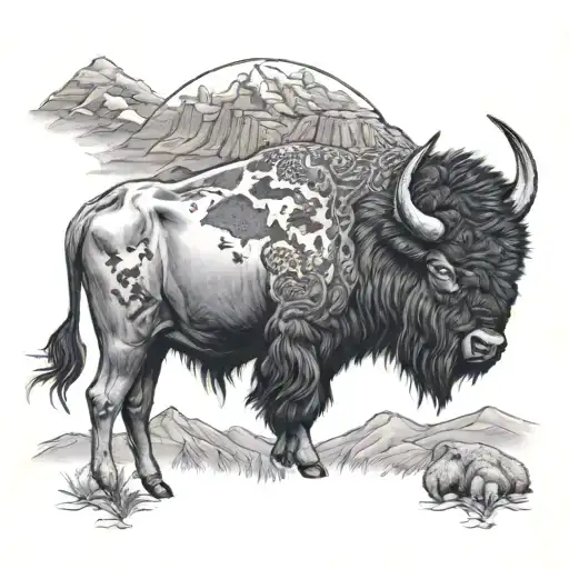 buffalo and hummingbird grazing in front of the mountains of New Mexico  tattoo design idea