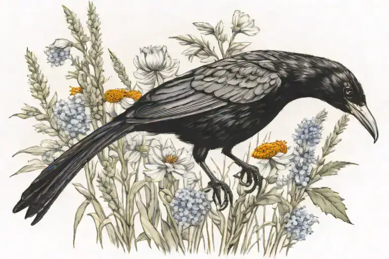 wildflower field with blackbird in front  tattoo design idea