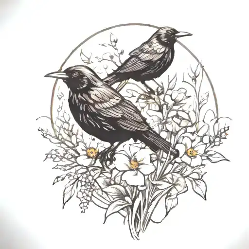 wildflower field and blackbird tattoo design idea