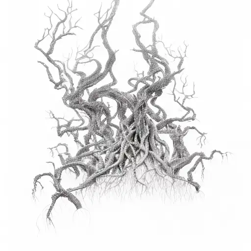 dark and whimsical imagery, twisted trees, thorny vines, mysterious gate  tattoo design idea