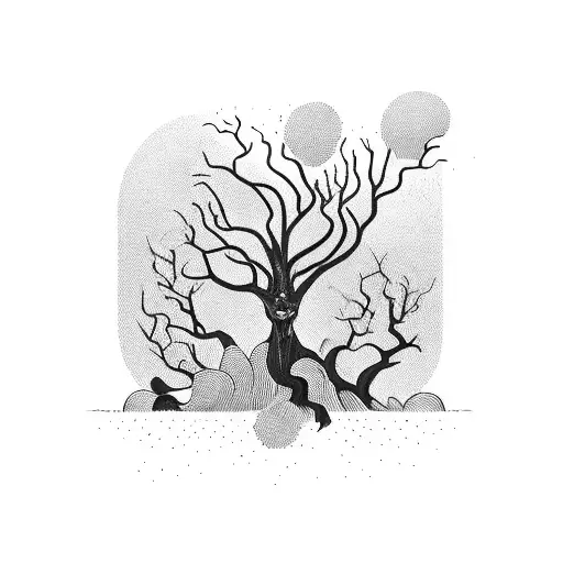 dark and whimsical imagery, twisted trees, thorny vines, mysterious gate  tattoo design idea