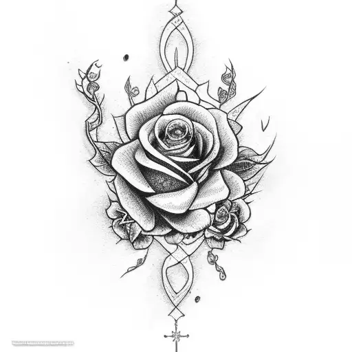 blue roses with catholic cross and red snake tattoo design idea