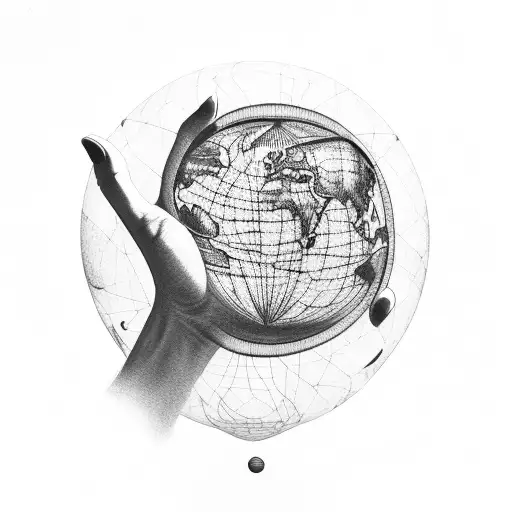 Human hand holding large transparent sphere with detailed Earth, ancient engraving style tattoo design idea