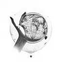 Human hand holding large transparent sphere with detailed Earth, ancient engraving style tattoo design idea
